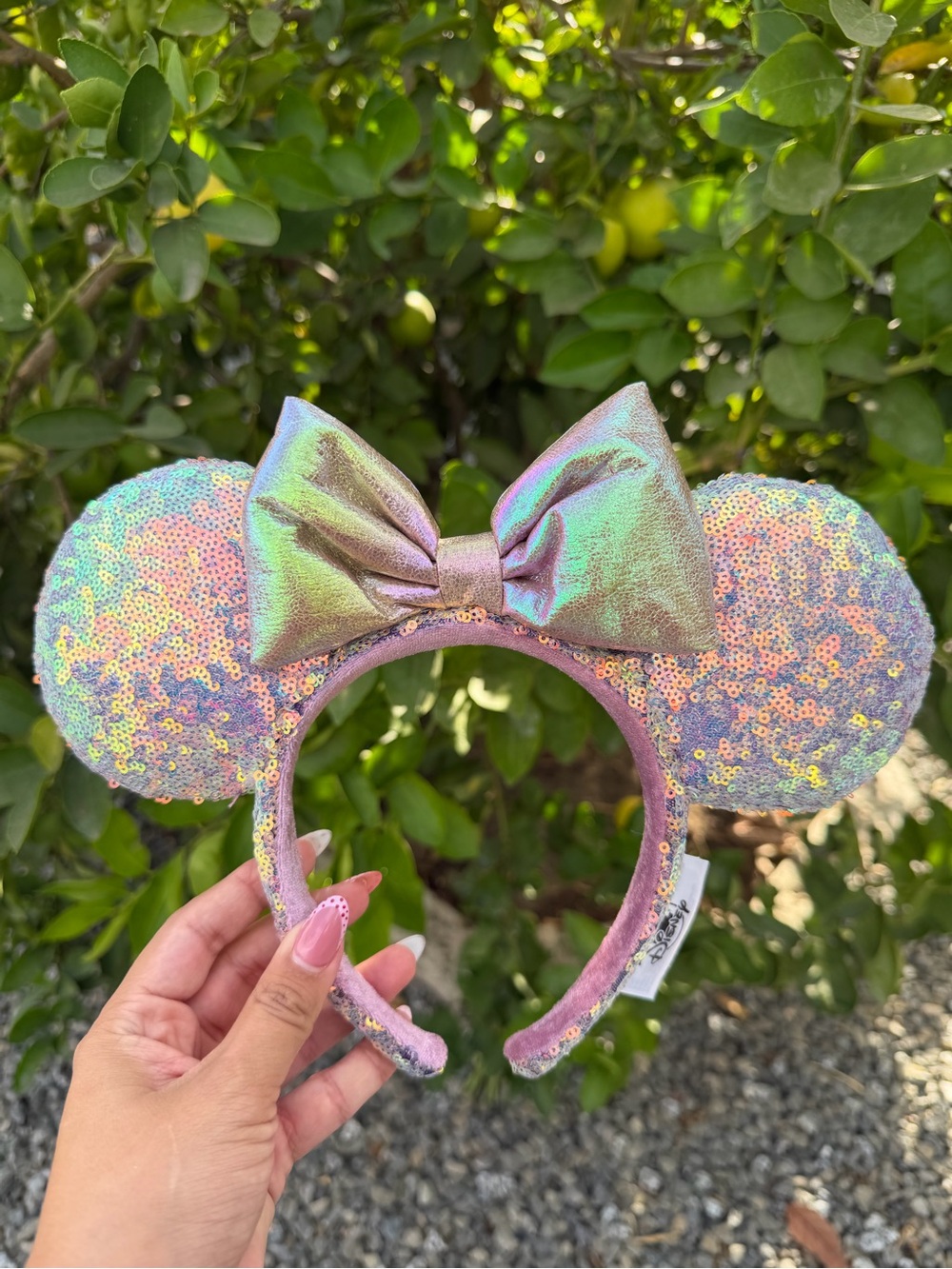 Iridescent Sequin Minnie Ears Headband with Bow - Pink Green Shift